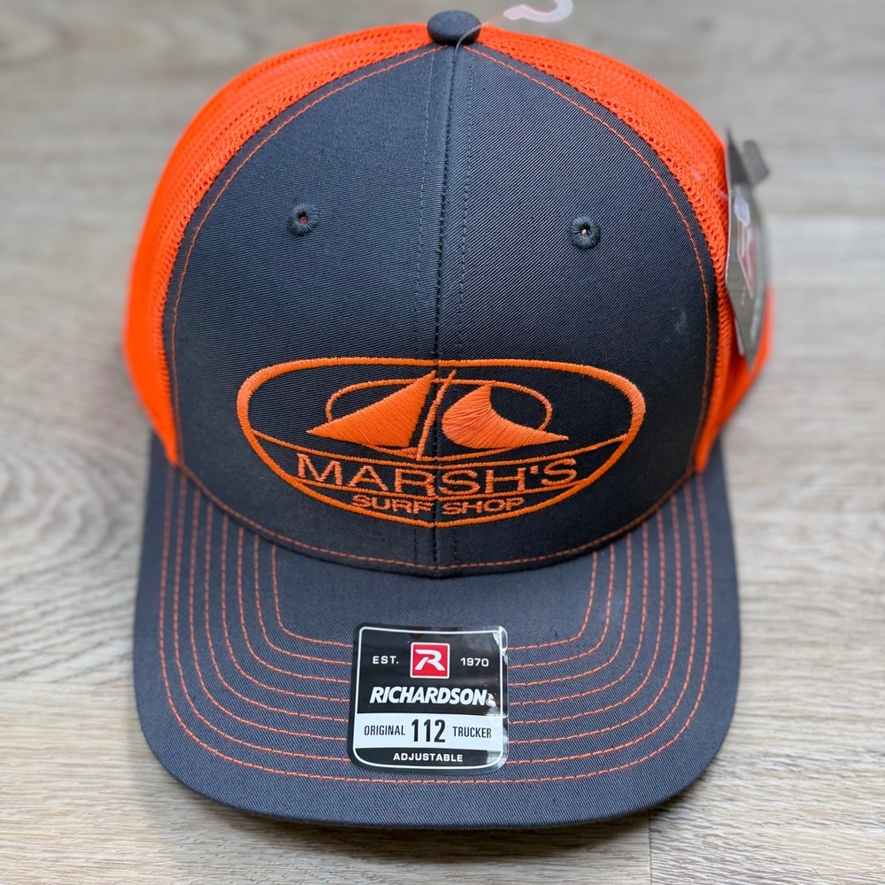Richardson Marsh's Surf Shop Trucker Hat Mens OSFA Atlantic Beach,NC Grey/Orange